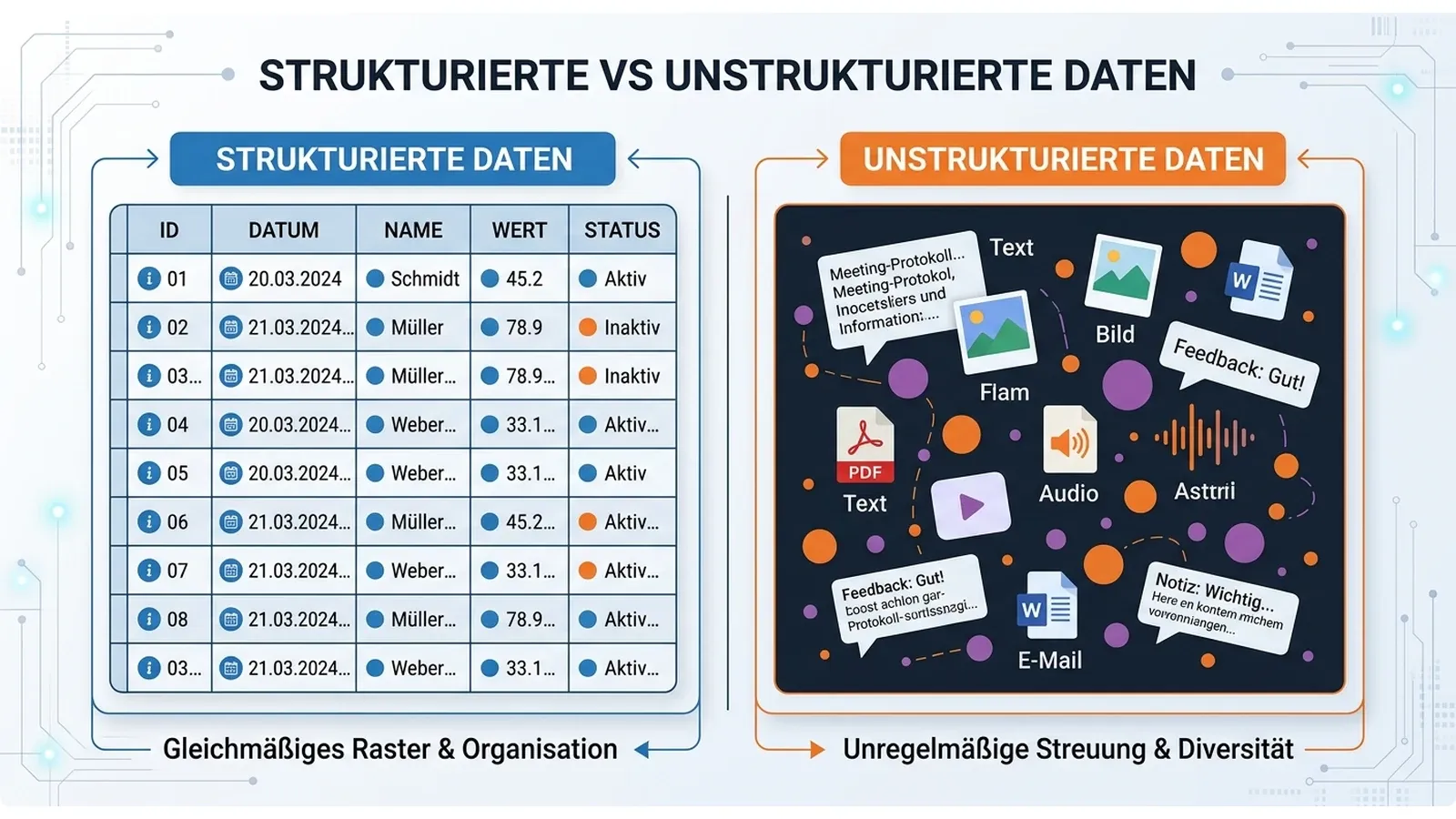 Schematische Darstellung — links ein gleichmäßiges Raster für strukturierte Daten, rechts eine unregelmäßige Streuung für unstrukturierte Daten