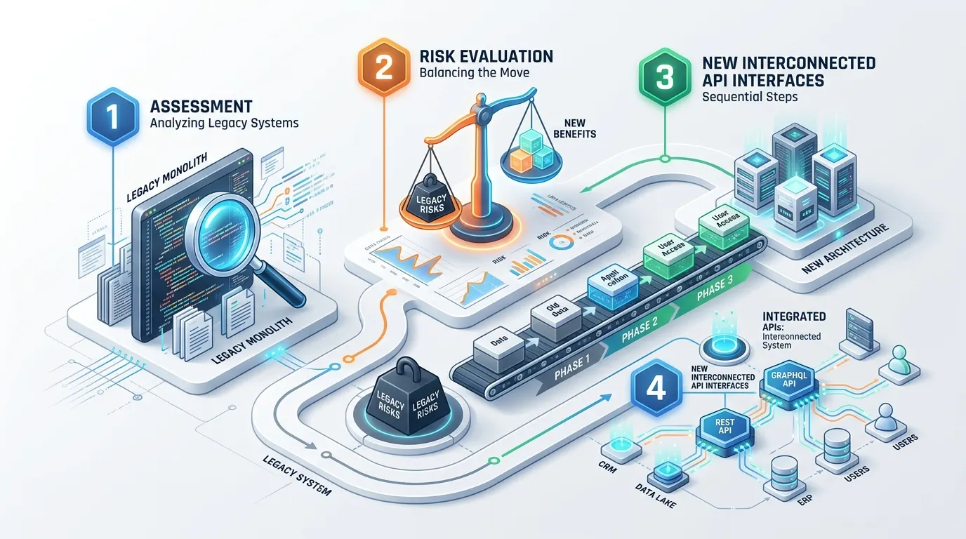 Schematischer Ablauf einer Systemablöse: Bestandsaufnahme des Altsystems, Bewertung der Risiken, Migration in aufeinanderfolgenden Phasen und die danach angebundenen Schnittstellen zu CRM, ERP und Datenbanken.